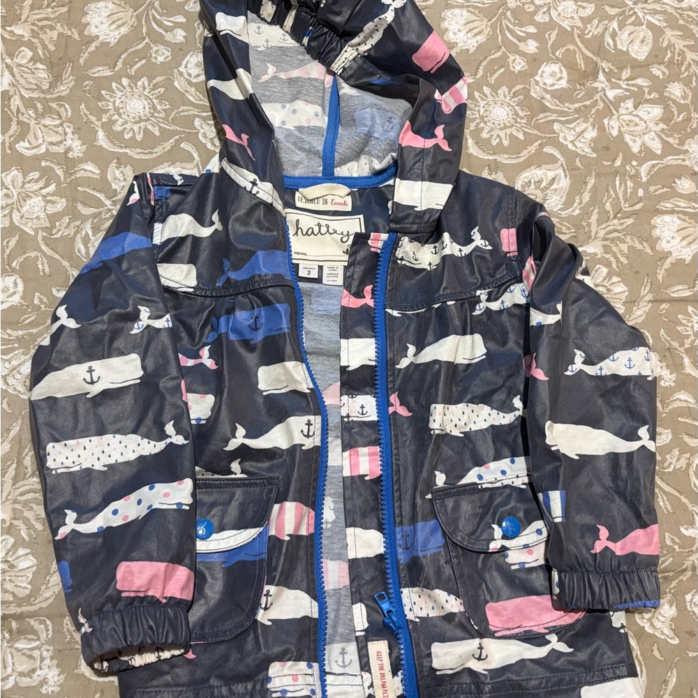 Hatley toddler whale patterned rain coat in size 2